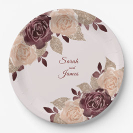 Elegant Burgundy Roos Gold Glitter Floral Wedding Papieren Bordje