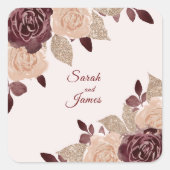 Elegant Burgundy Roos Gold Glitter Floral Wedding Vierkante Sticker (Voorkant)