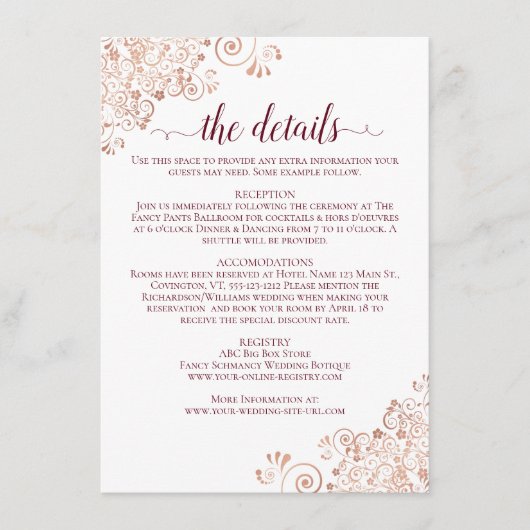 Elegant Burgundy & Roos Gold Wedding - Gegevens Informatiekaartje (Voorkant)