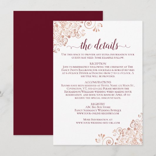 Elegant Burgundy & Roos Gold Wedding - Gegevens Informatiekaartje (Voorkant / Achterkant)