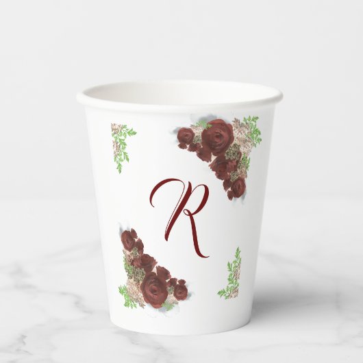 Elegant Burgundy Roos Monogrammed Paper Cups Papieren Bekers (Voorkant)