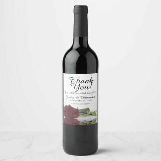 Elegant Burgundy Roos Weddenschap Bedankt Wijn Etiket (Voorkant)