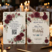 Elegant Burgundy Rose All In One QR Code Wedding Kaart