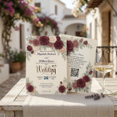 Elegant Burgundy Rose All In One QR Code Wedding Kaart