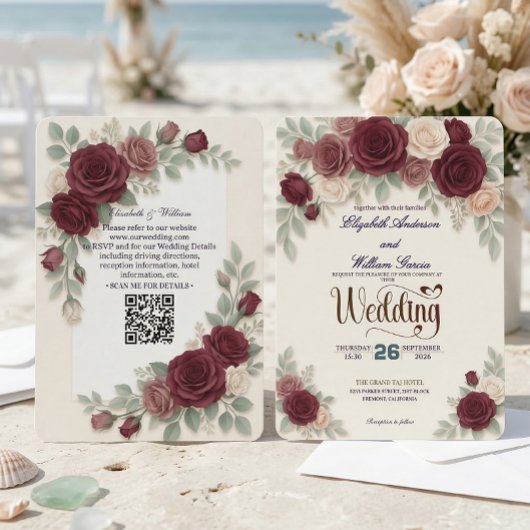 Elegant Burgundy Rose All In One QR Code Wedding Kaart