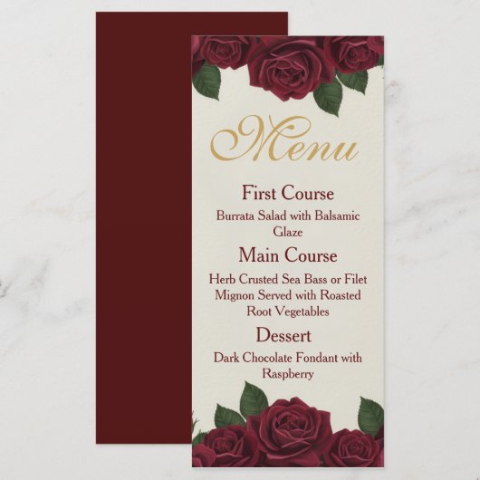 Elegant Burgundy Rose and Gold Floral Wedding Menu (Voorkant / Achterkant)