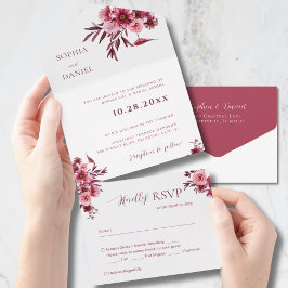 Elegant Burgundy Rose Floral Wedding Invitation All In One Uitnodiging