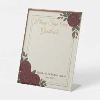 Elegant Burgundy Rose & Gold Guestbook Wedding Sig Reclamebord Met Voetstuk