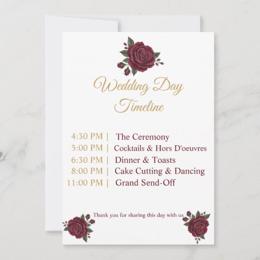 Elegant Burgundy Rose & Gold Wedding Day Timeline (Voorkant)