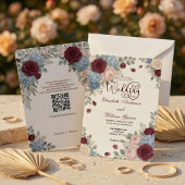 Elegant Burgundy Rose Modern QR Code Wedding Kaart