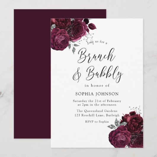 Elegant Burgundy Rozen Brunch & Bubble Bridal Kaart (Voorkant / Achterkant)