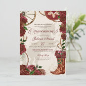 Elegant Burgundy Rozen Charro Boots Quinceanera Kaart (Staand voorkant)