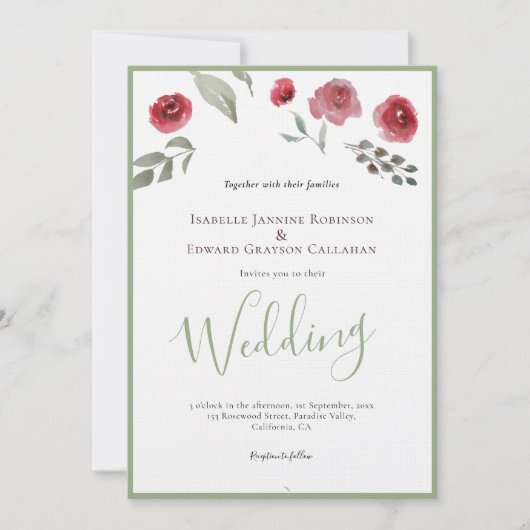 Elegant Burgundy Rozen & Sage Green Wedding Kaart (Voorkant)