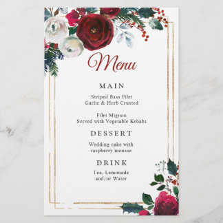Elegant Burgundy Rozen Winter Weddenrenmenu