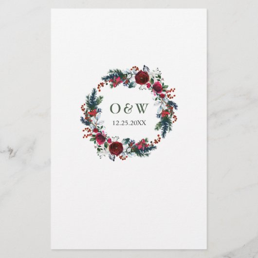 Elegant Burgundy Rozen Winter Weddenrenmenu (Achterkant)