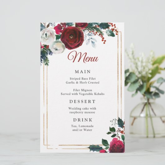Elegant Burgundy Rozen Winter Weddenrenmenu (Staand voorkant)