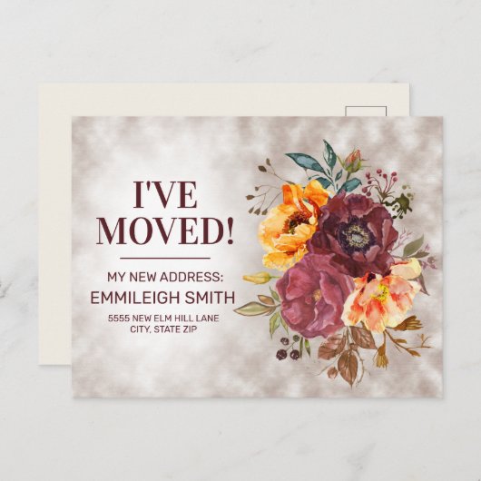 Elegant Burgundy Rust Oranje Floral Change Address Aankondigingskaart (Voorkant / Achterkant)