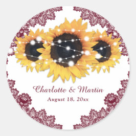Elegant Burgundy Rustic Chic Sunflower Wedding Ronde Sticker