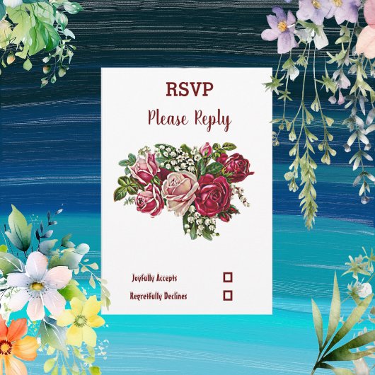 Elegant Burgundy Rustic Floral Maroon Roos Wedding RSVP Kaartje