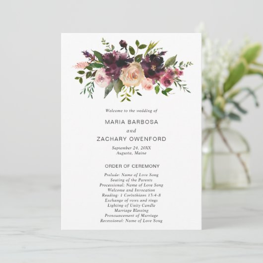 Elegant Burgundy Rustic Herfst Floral Wedding Programmakaart (Staand voorkant)