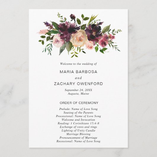 Elegant Burgundy Rustic Herfst Floral Wedding Programmakaart (Voorkant)
