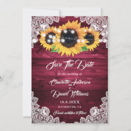Elegant Burgundy Rustic Wood Lace Sunflower Save The Date