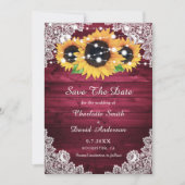 Elegant Burgundy Rustic Wood Lace Sunflower Save The Date (Voorkant)