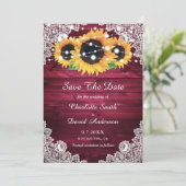 Elegant Burgundy Rustic Wood Lace Sunflower Save The Date (Staand voorkant)