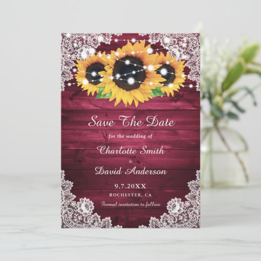 Elegant Burgundy Rustic Wood Lace Sunflower Save The Date (Staand voorkant)