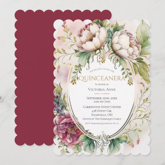 Elegant Burgundy Scalloped Quinceanera Uitnodiging (Voorkant / Achterkant)