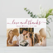 Elegant Burgundy Script 3 Foto Collage Wedding Bedankkaart (Staand voorkant)