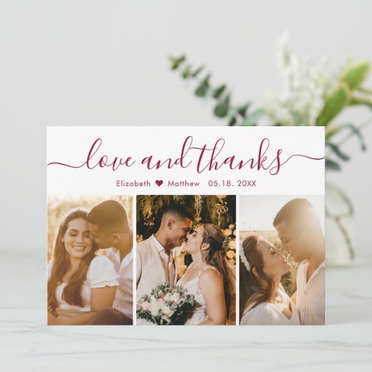 Elegant Burgundy Script 3 Foto Collage Wedding Bedankkaart (Staand voorkant)