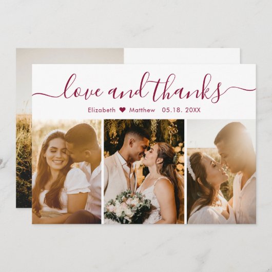 Elegant Burgundy Script 3 Foto Collage Wedding Bedankkaart (Voorkant / Achterkant)