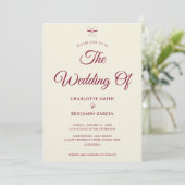 Elegant Burgundy Script Cream Ivory Bow Wedding Kaart (Staand voorkant)