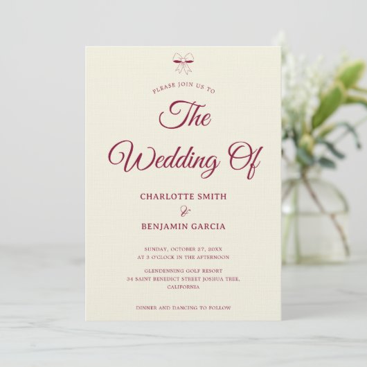 Elegant Burgundy Script Cream Ivory Bow Wedding Kaart (Staand voorkant)