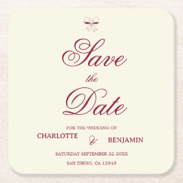 Elegant Burgundy Script Cream Ivory Bow Wedding Kartonnen Onderzetters