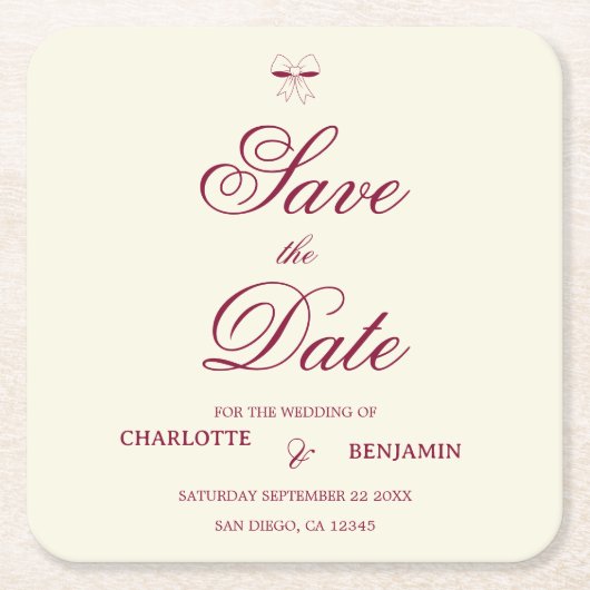 Elegant Burgundy Script Cream Ivory Bow Wedding Kartonnen Onderzetters (Voorkant)