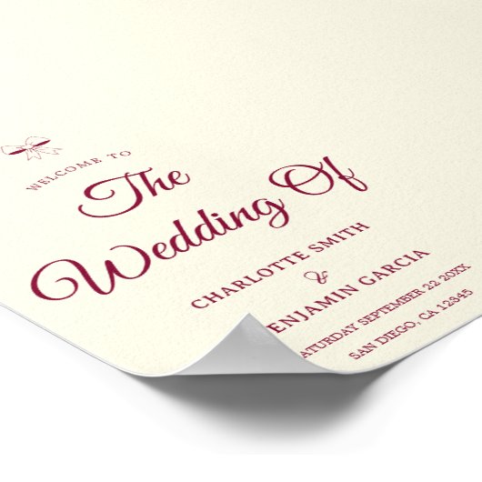 Elegant Burgundy Script Cream Ivory Bow Wedding Poster (Hoek)