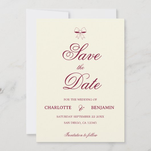 Elegant Burgundy Script Cream Ivory Bow Wedding Save The Date (Voorkant)