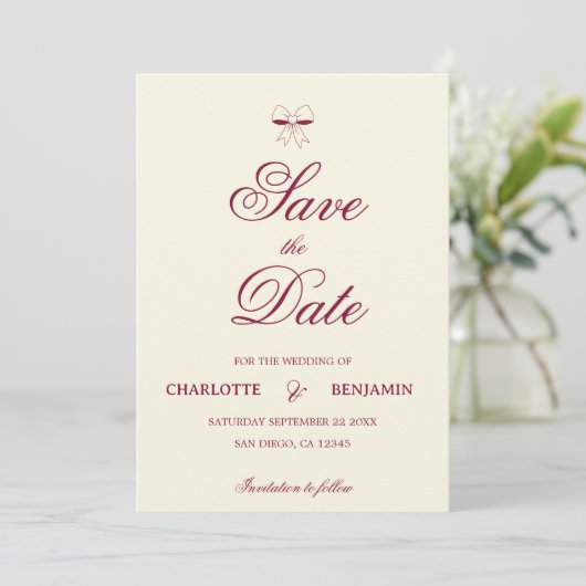 Elegant Burgundy Script Cream Ivory Bow Wedding Save The Date (Staand voorkant)