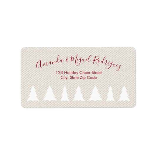 Elegant Burgundy Script-kerstbomen op beige Etiket (Voorkant)