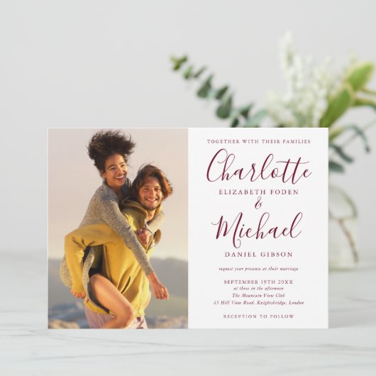 Elegant Burgundy Script Photo Weddenschap in één k Kaart (Staand voorkant)