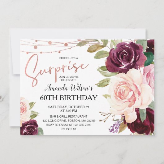Elegant Burgundy Script Surprise Birthday Party Kaart (Voorkant)