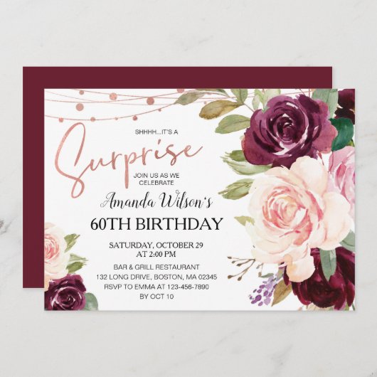 Elegant Burgundy Script Surprise Birthday Party Kaart (Voorkant / Achterkant)