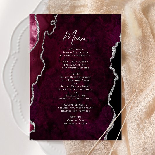 Elegant Burgundy Silver Agate Wedding Menu