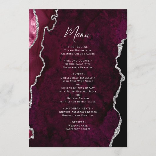 Elegant Burgundy Silver Agate Wedding Menu (Voorkant)