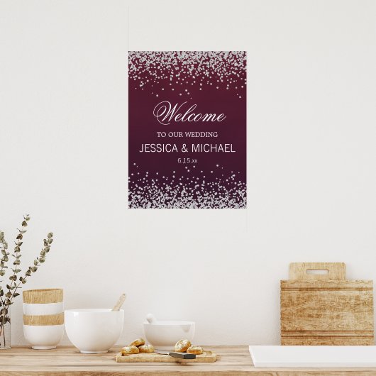 Elegant Burgundy Silver Glitter Wedding Poster (Keuken)