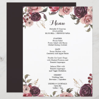 Elegant Burgundy Summer Floral Dinner Menu Card