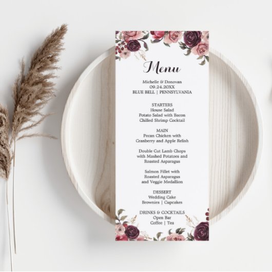 Elegant Burgundy Summer Floral Dinner Menu Card Kaart
