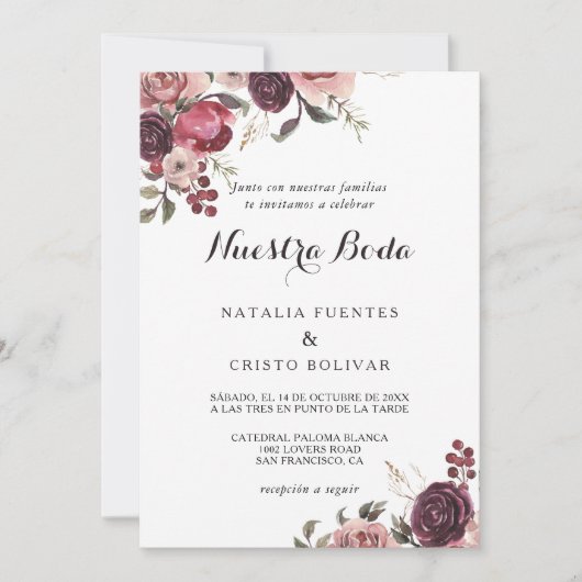 Elegant Burgundy Summer Floral Spain Wedding Kaart (Voorkant)